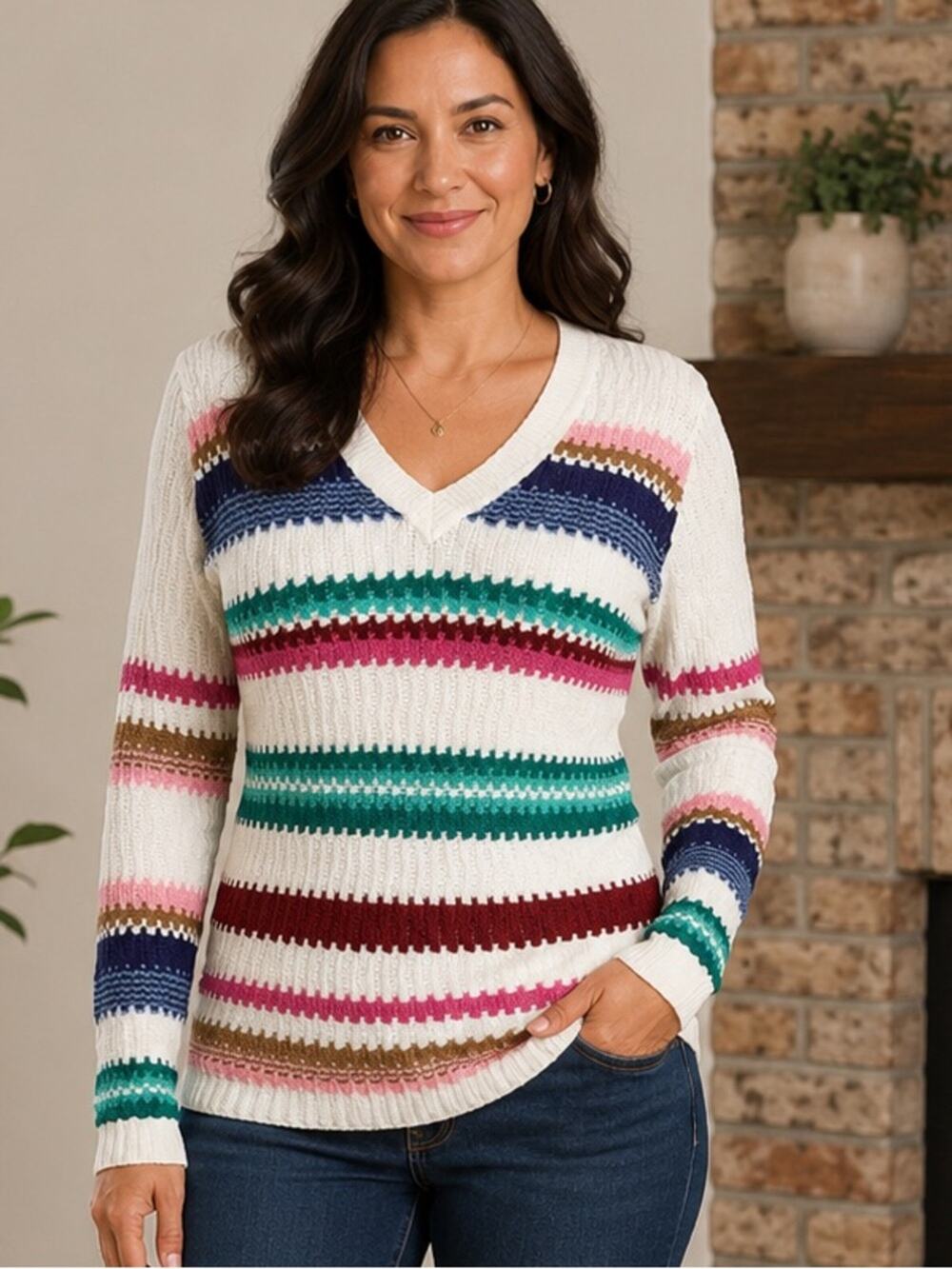 ETCETERA Parker Striped V-Neck Knit Sweater Designer Pullover Size XS NWT